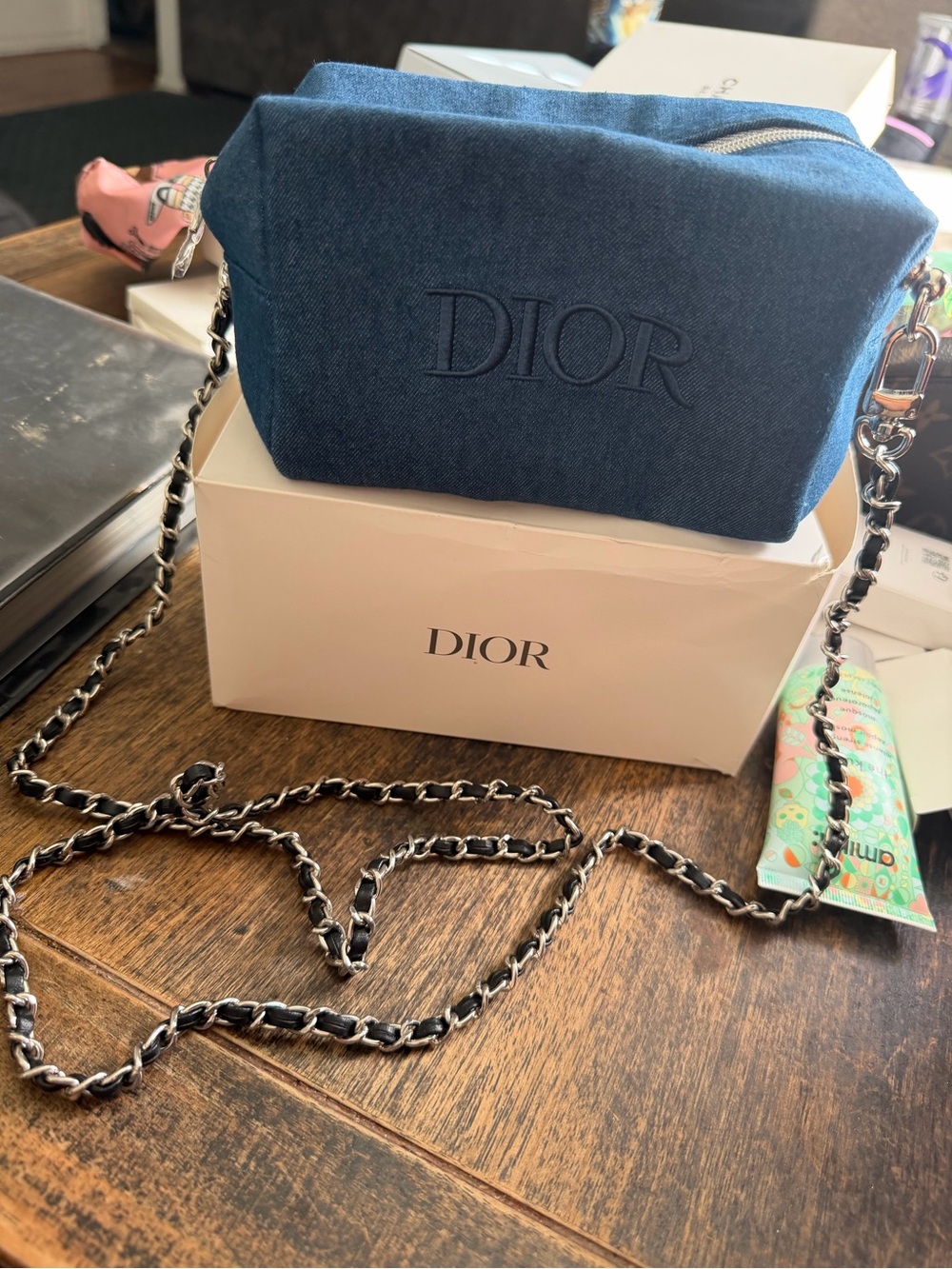 Dior Denim Blue Embroidered Crossbody Camera Bag with Chain Strap